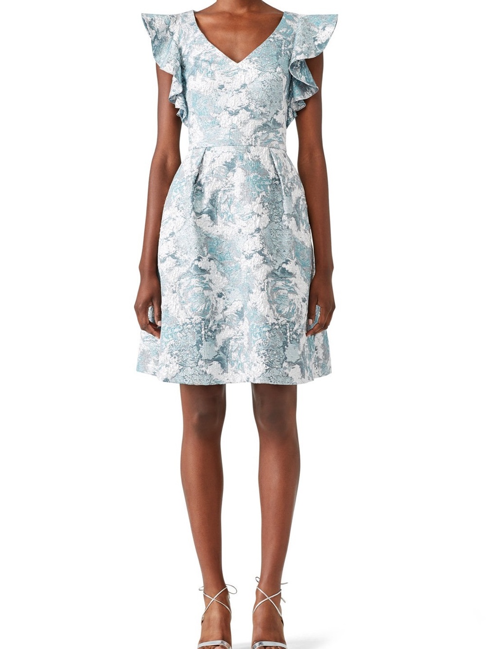 Theia Light Blue Metallic Floral Jacquard Mini Dress